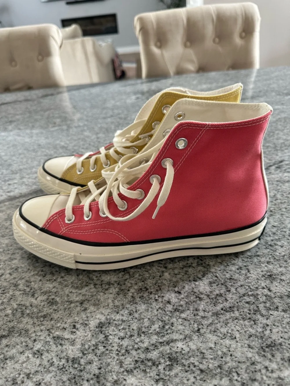 Two-Tone High Top Converse Canvas Sneakers in Coral & Yellow - Picture 5 of 11